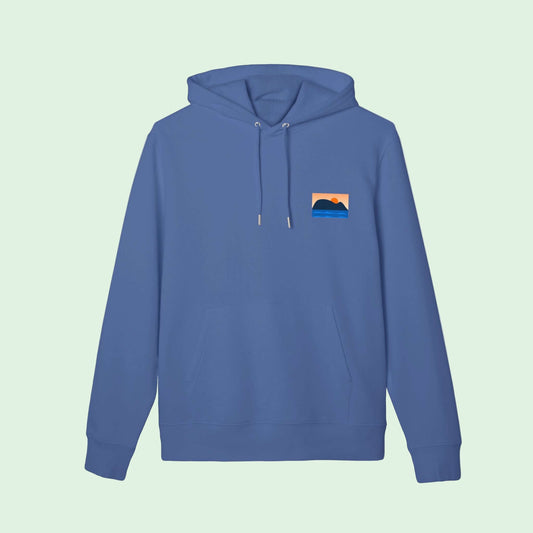 organic cotton hoodie gots certified in blue with small raton of getaria front design on left chest front by Aunti