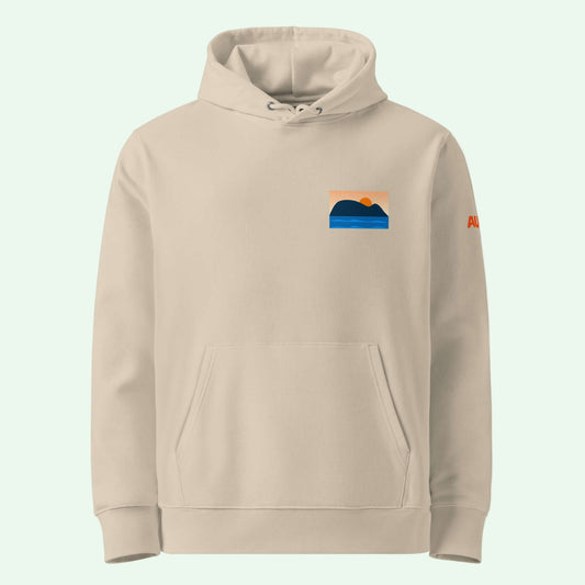 unisex organic hoodie in desert dust with mouse of getaria front design by Aunti