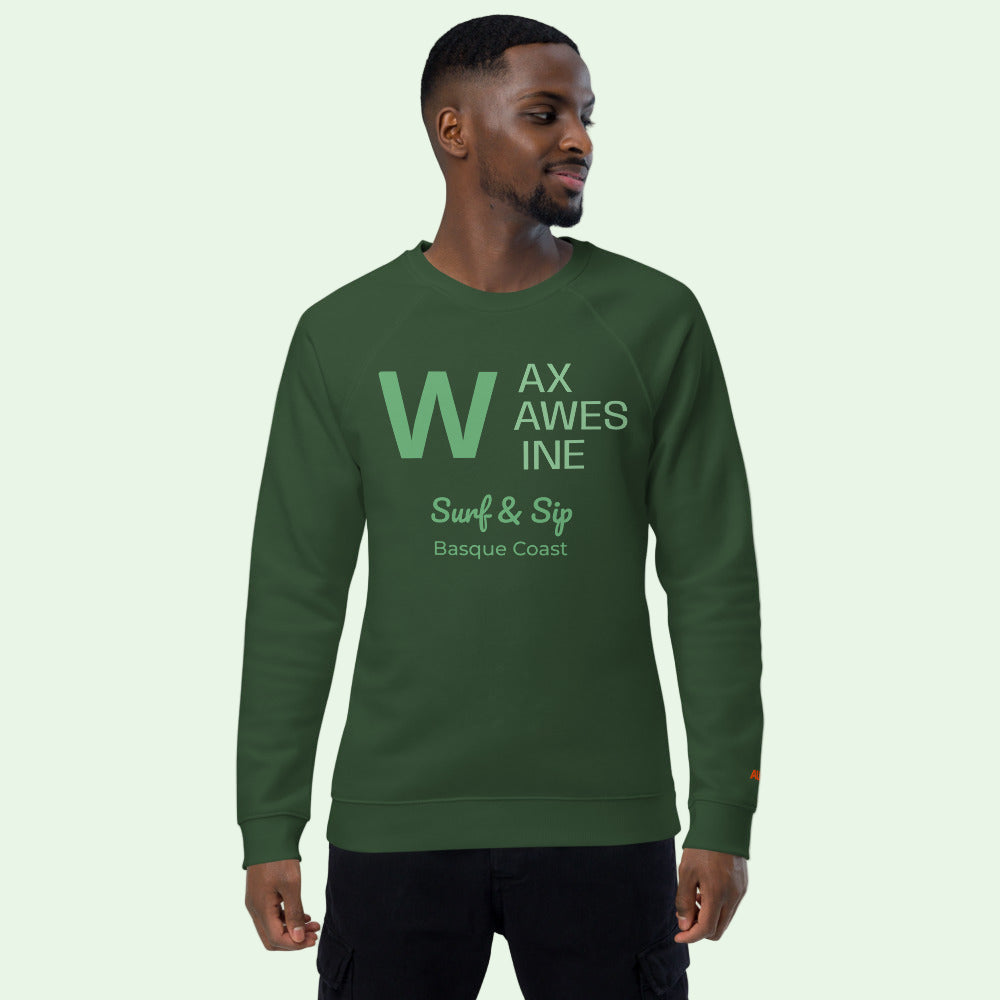 man wearing an organic sweatshirt in bottle green with wax, waves and wine text on green by Aunti