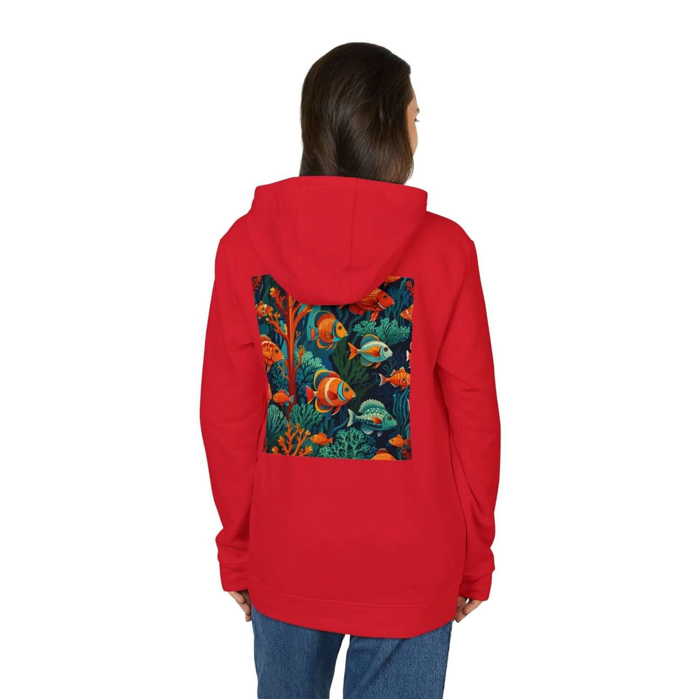 sudadera sostenible Adidas personalizada por Aunti by Vexora. Diseño trasero de corales y peces tropicales