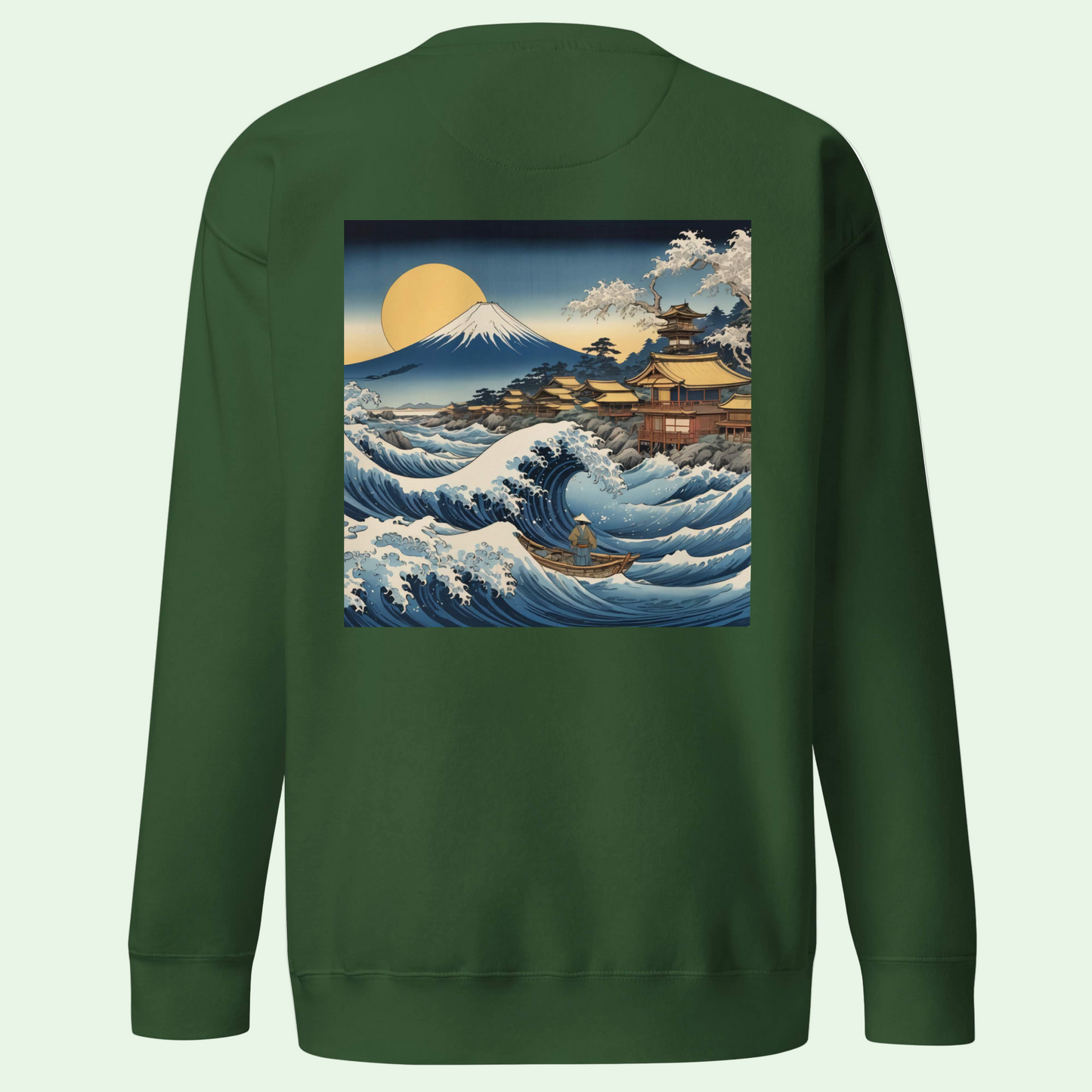 thick green forest sweatshirt with back Great Japanesse Wave design by Aunti