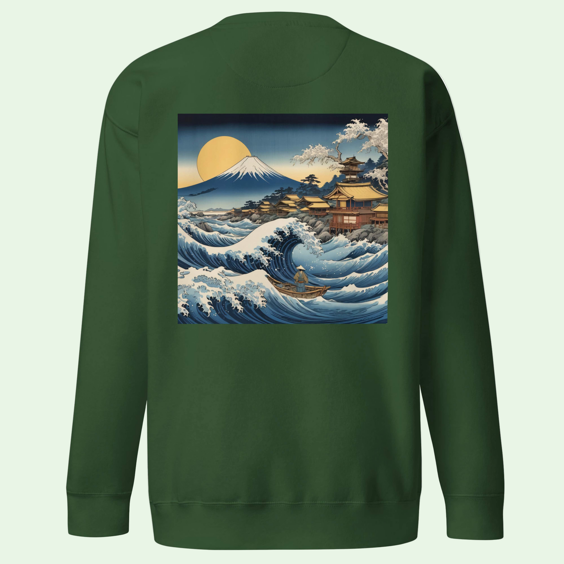 thick green forest sweatshirt with back Great Japanesse Wave design by Aunti