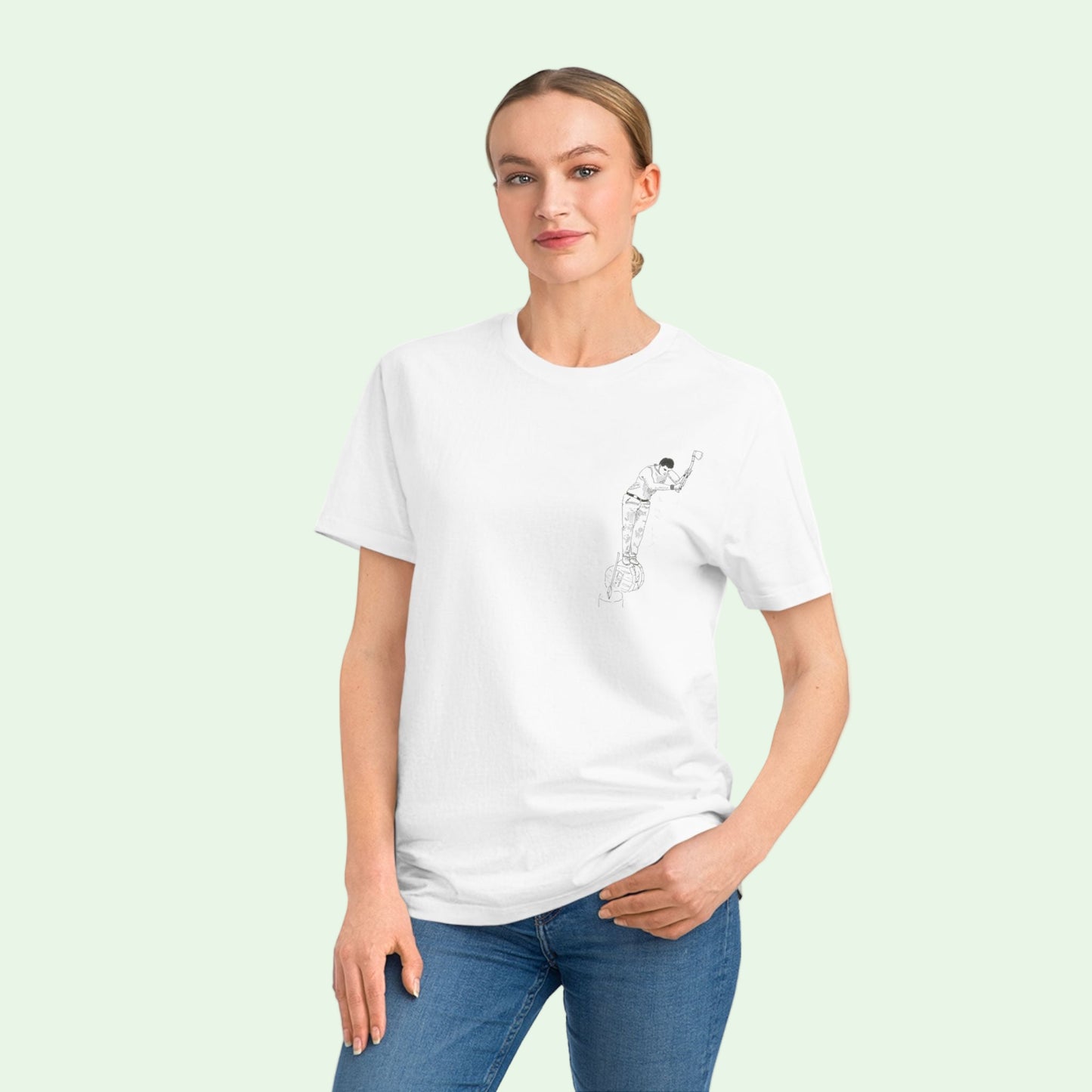 woman wearing an aizkolari design white organic tee by Aunti