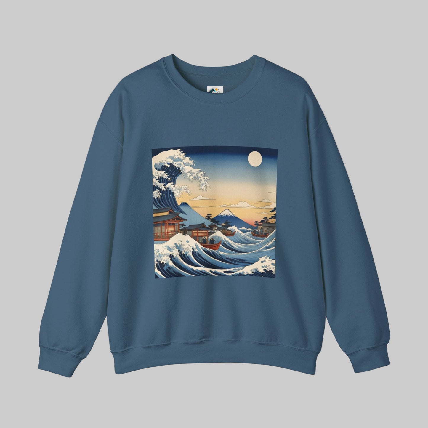 blue crewneck sweatshirt great japanese wave front design by AUNTI