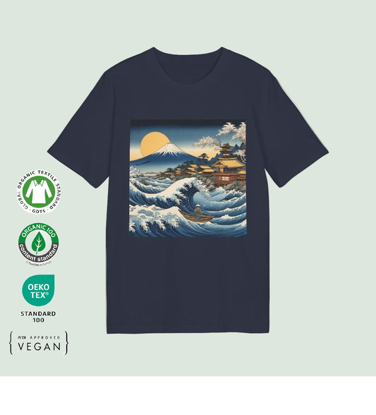 camiseta certificada gots de algodón organico en azul con diseño delantero de la gran ola japonesa por Aunti