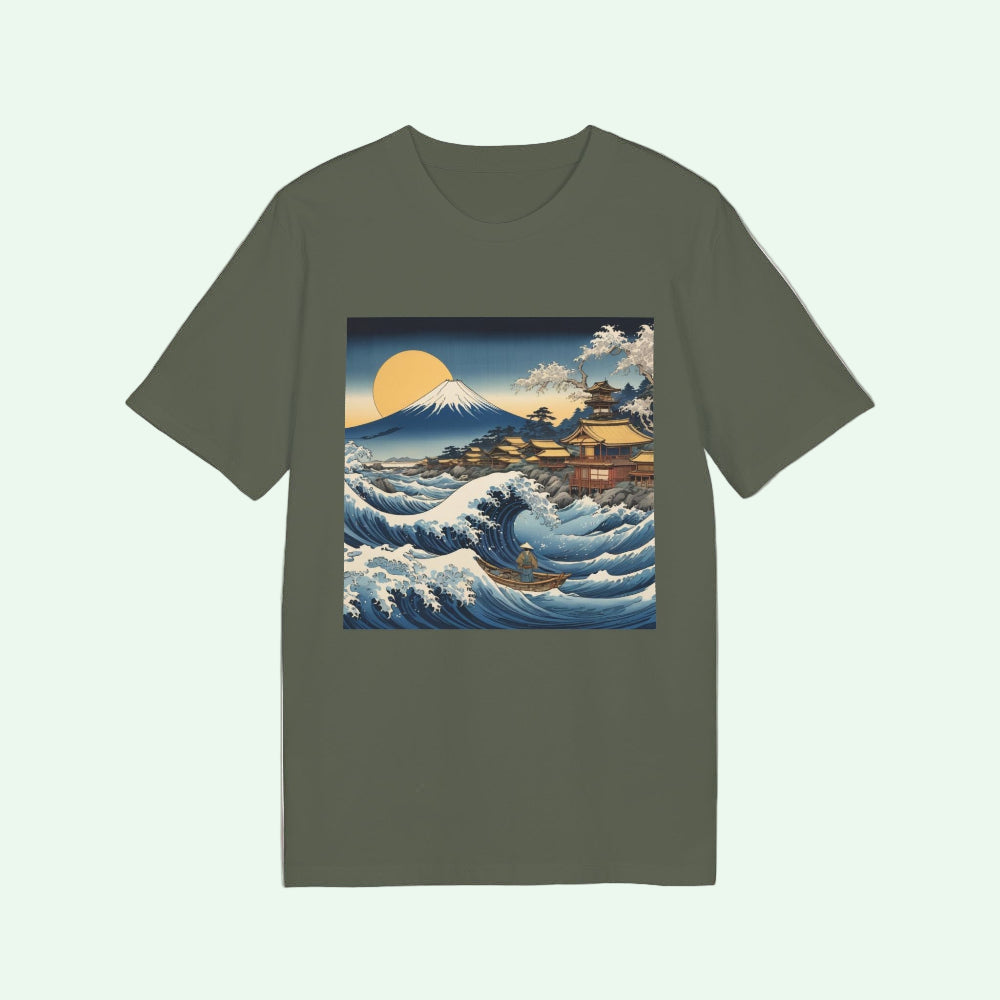 camiseta organica verde diseño delantero de la gran ola japonesa by Aunti