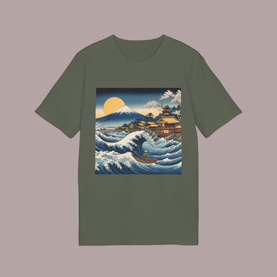 camiseta organica verde diseño delantero de la gran ola japonesa by Aunti