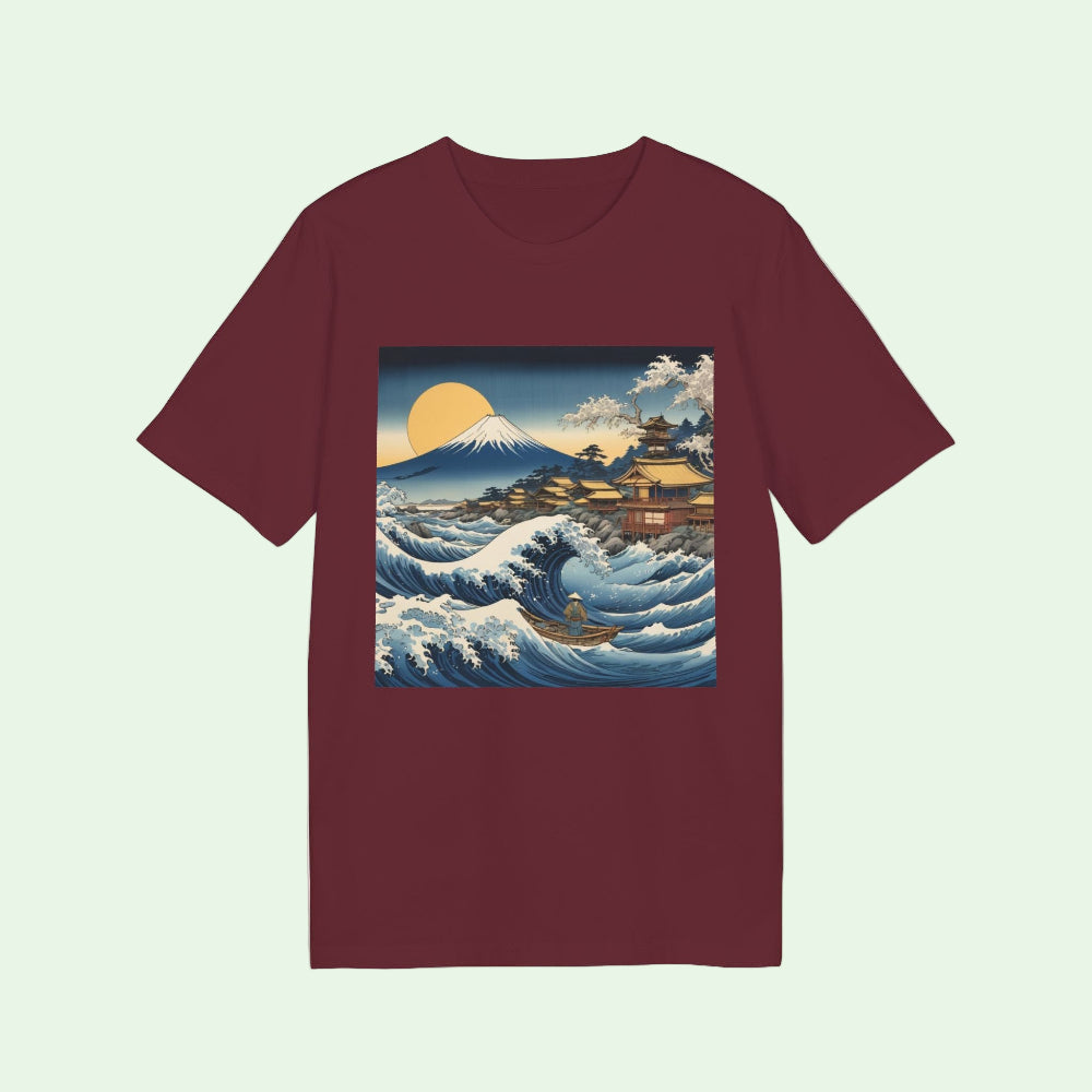 camiseta organica granate con diseño de la gran ola japonesa by aunti