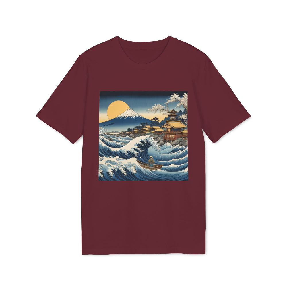 camiseta organica granate con diseño de la gran ola japonesa by aunti