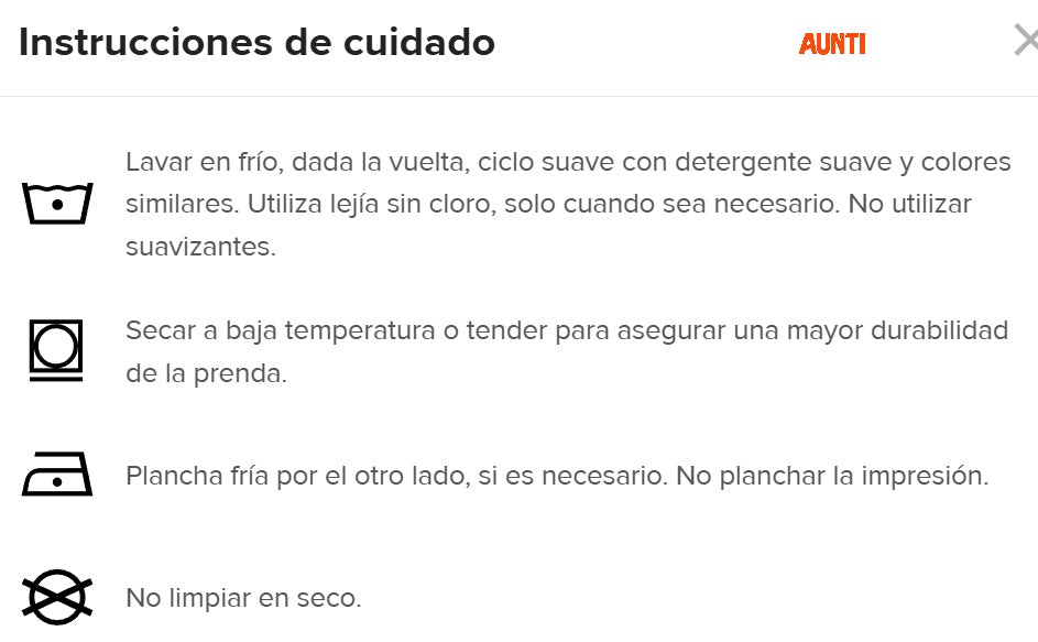 etiqueta de cuidados prenda aunti