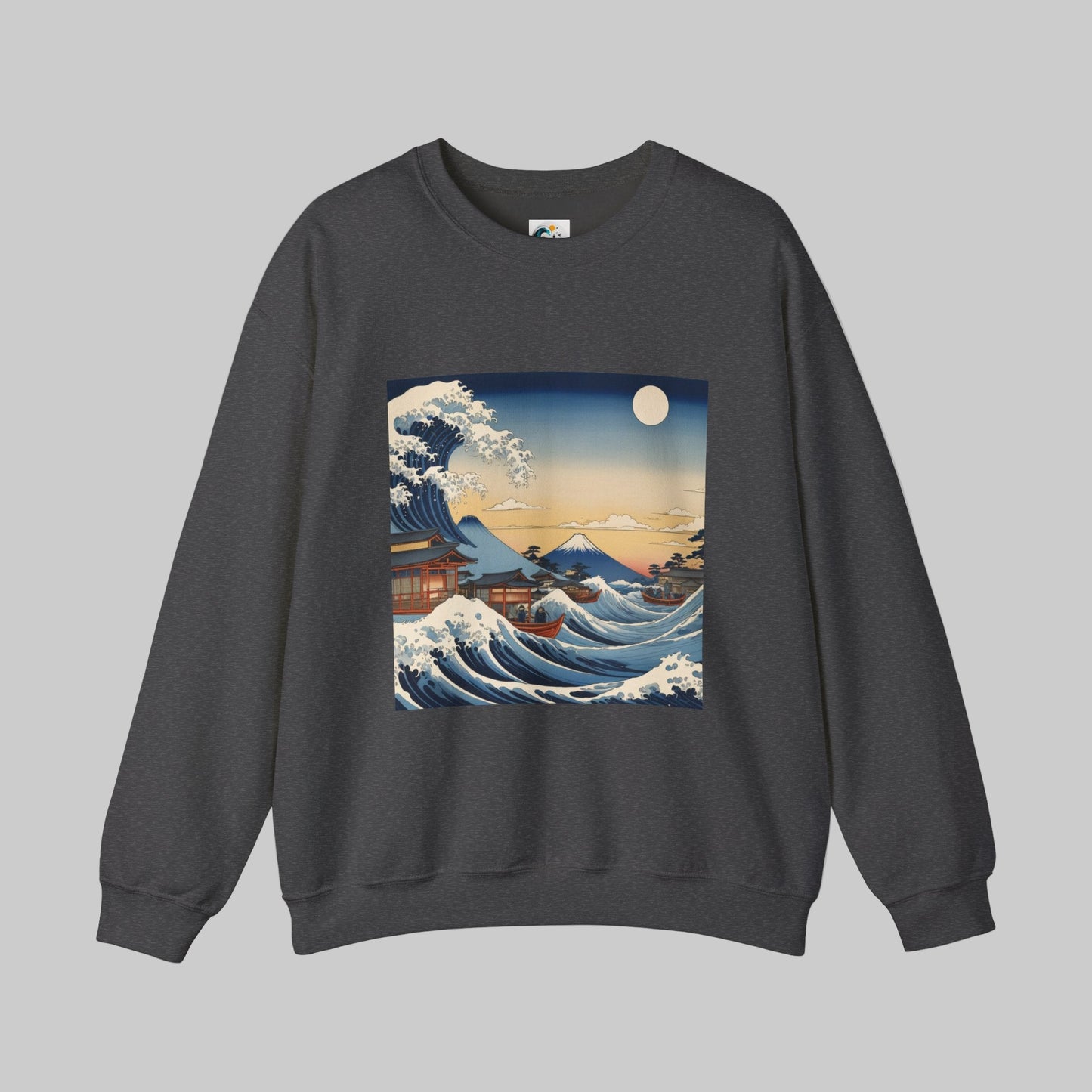 Dark grey crewneck sweatshirt front design hokusai inspired by AUNTI