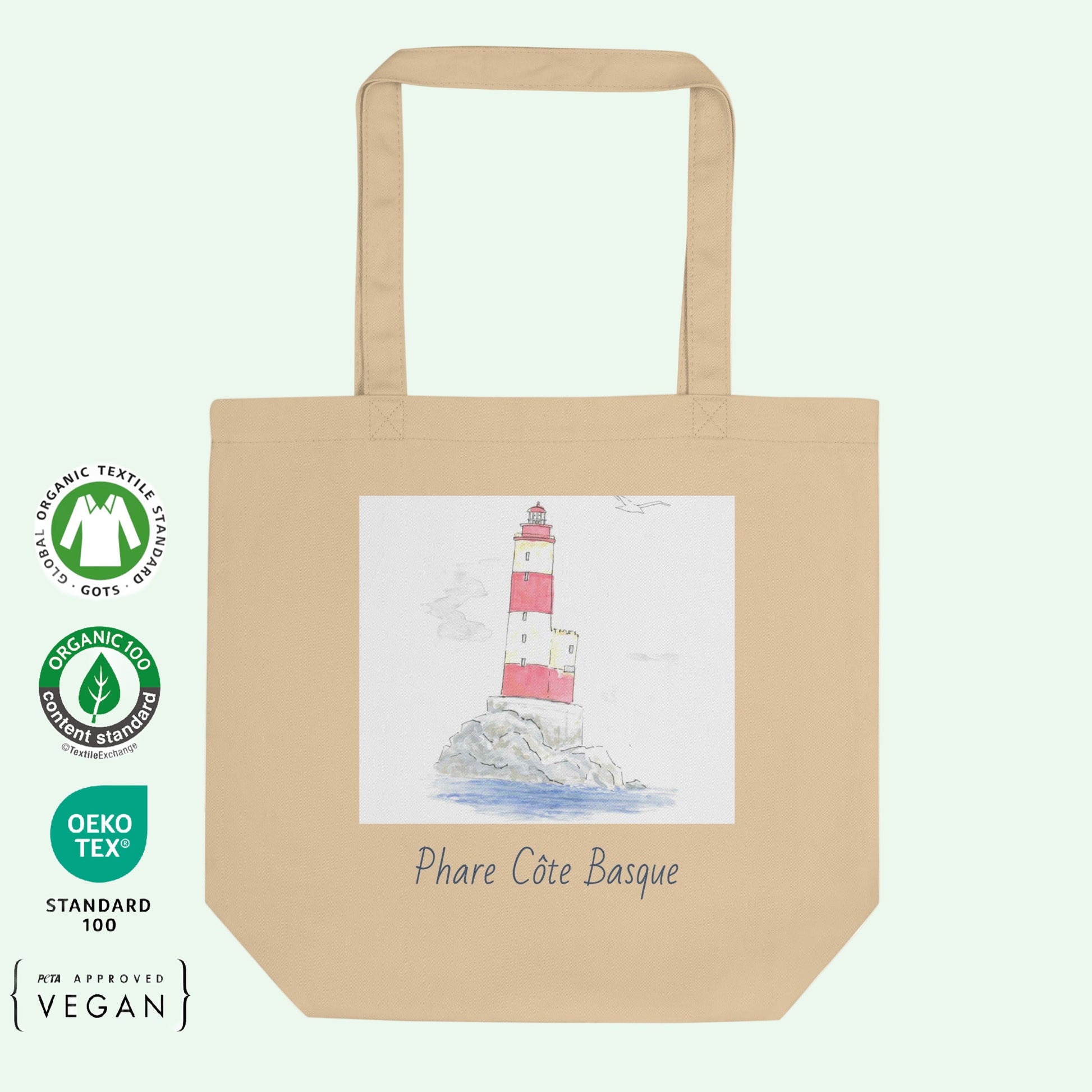 eco tote bag oyster with Basque Coast Lighthouse design by aunti