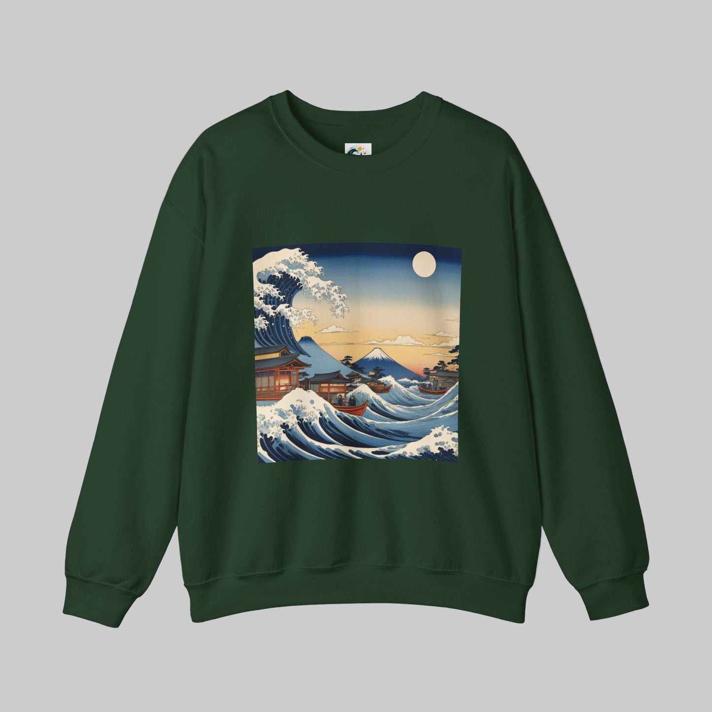japanese great wave design green crewneck sweatshirt by AUNTI