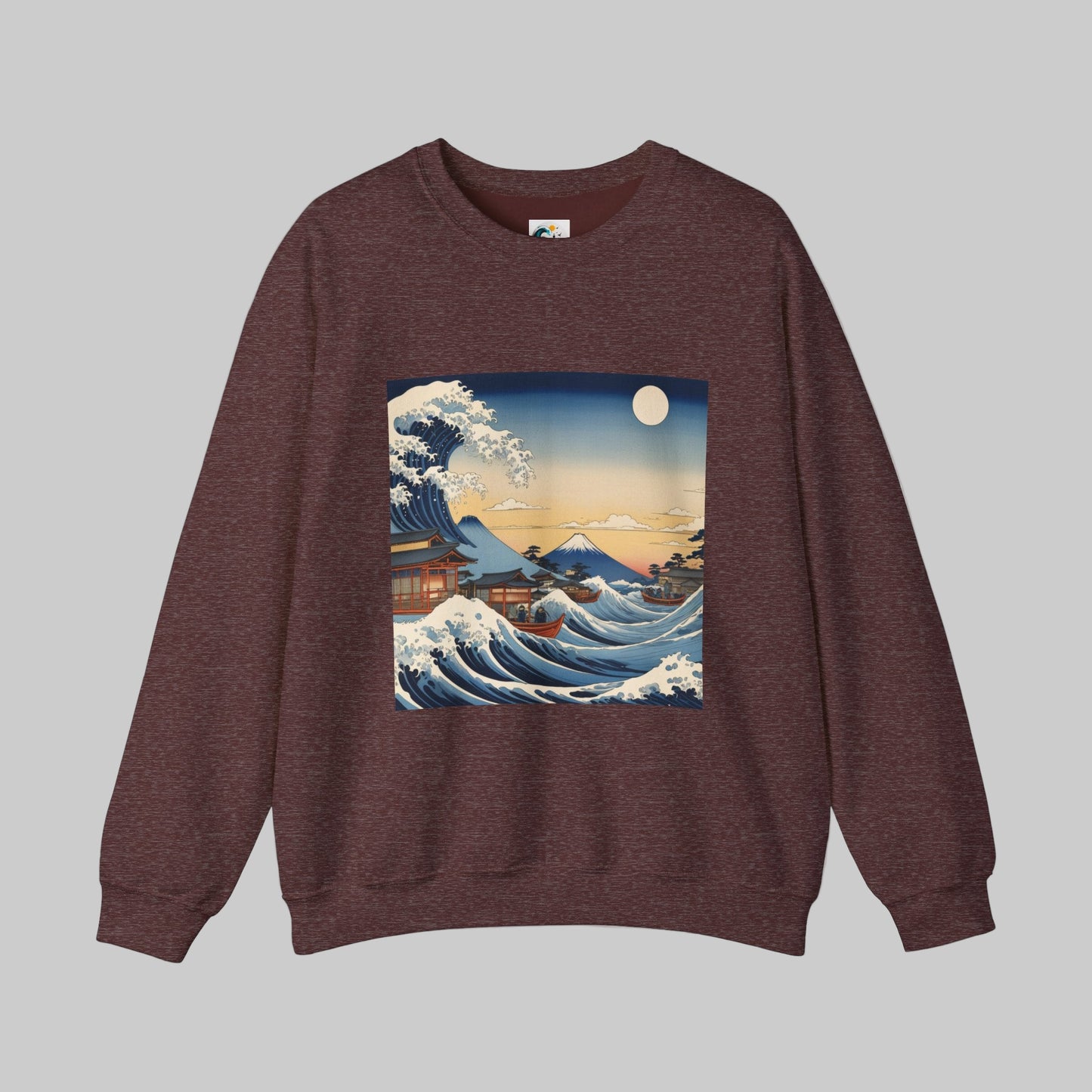 great wave front design maroon crewneck sweatshirt by AUNTI