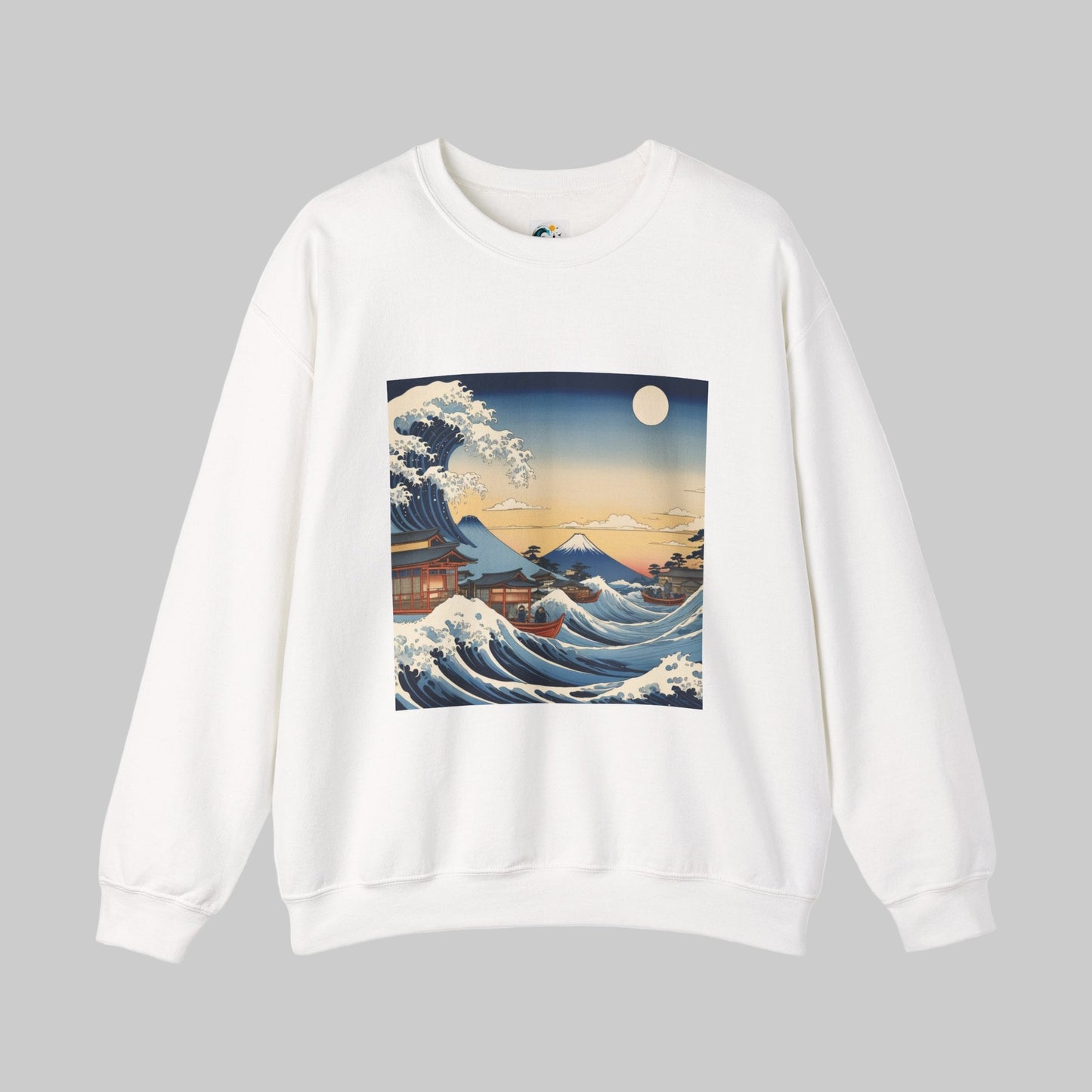 White crewneck sweatshirt with great  japanese wave front design