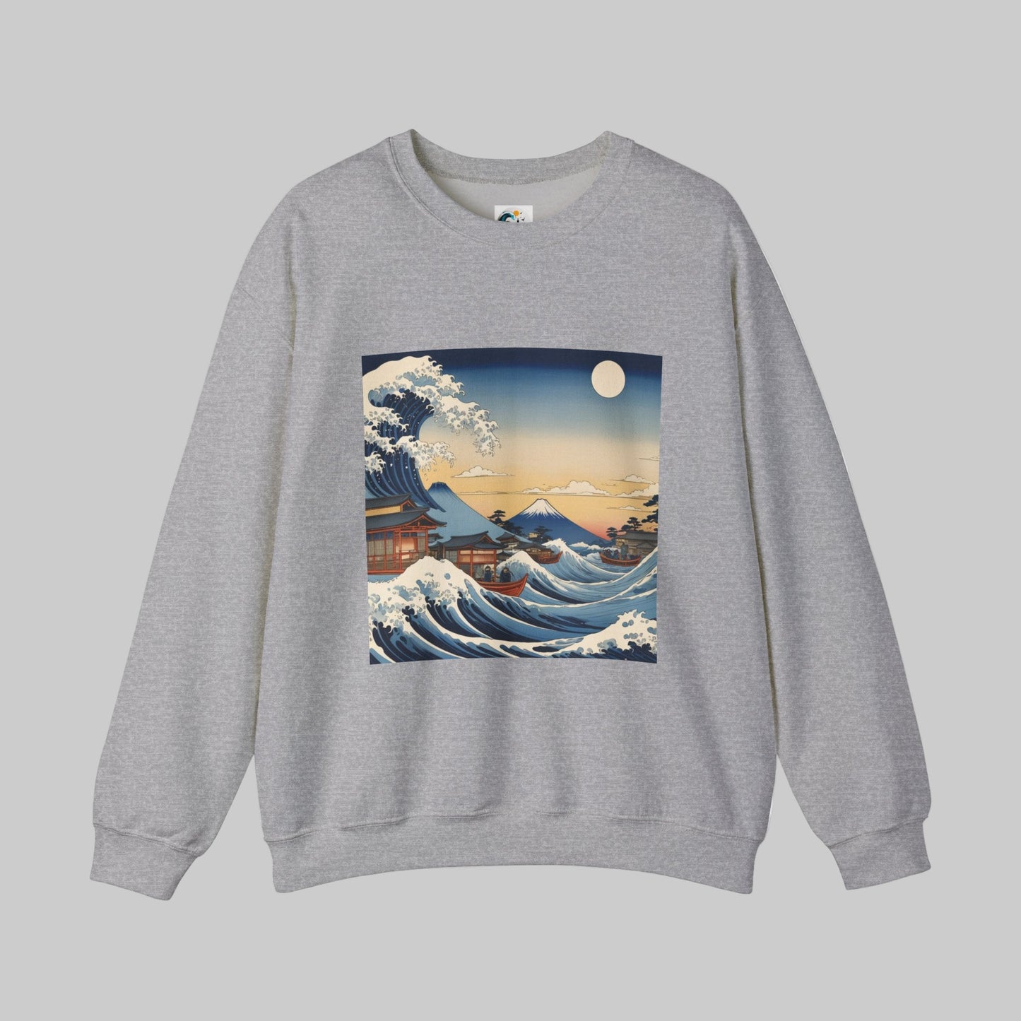 grey crewneck sweatshirt with great japanese wave front design