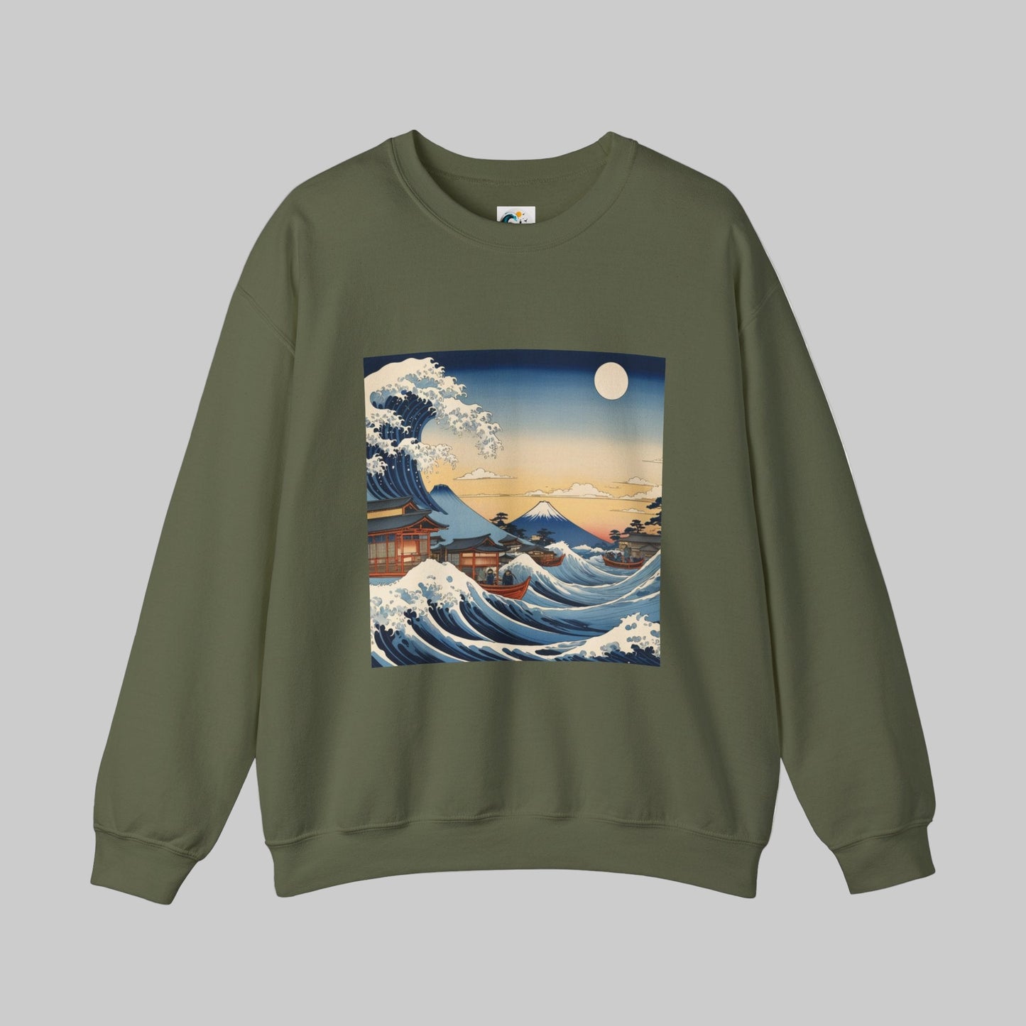 great wave khaki crewneck sweatshirt front design by aunti