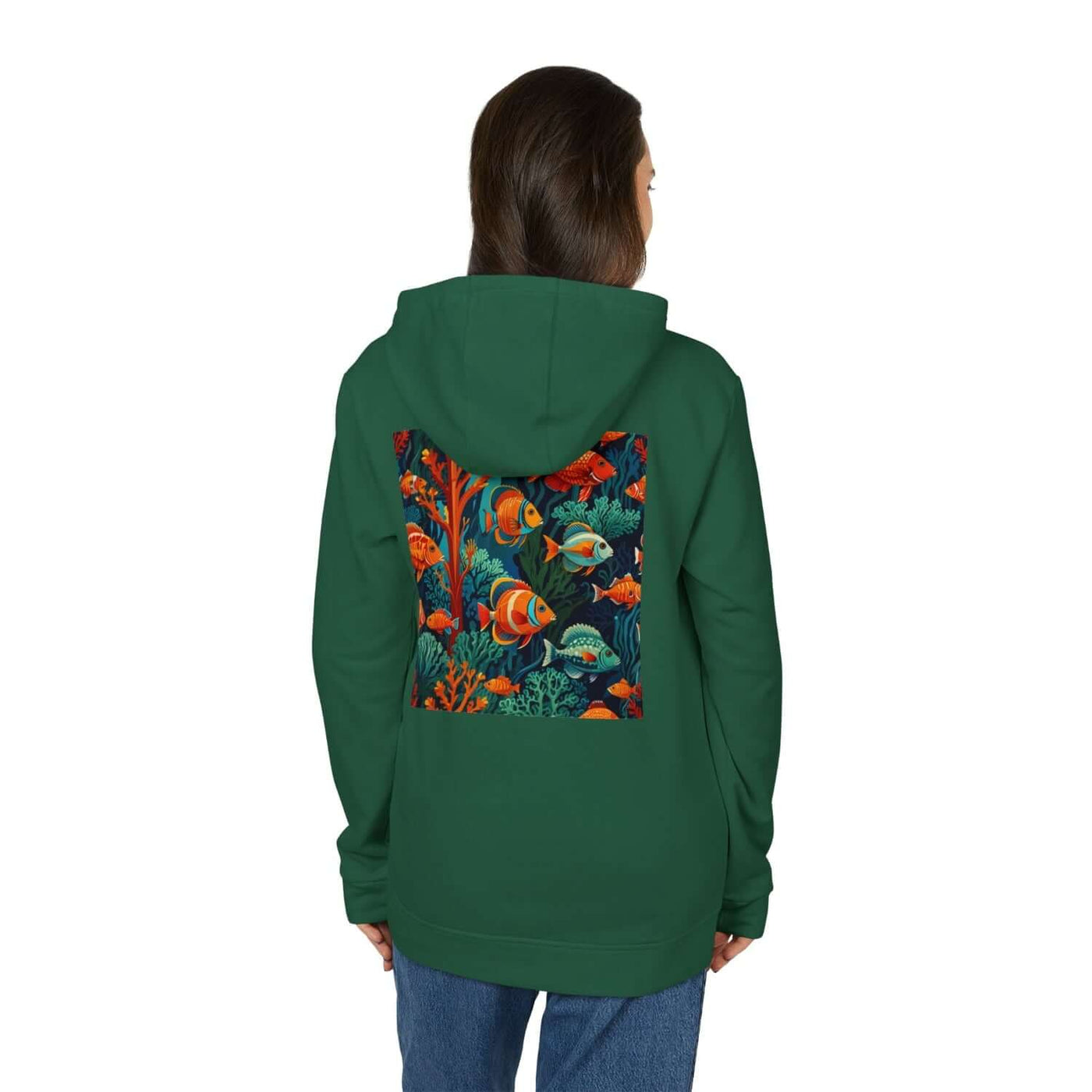 woman wearing a green sustainable Adiidas hoodie customized by Vexora Apparel