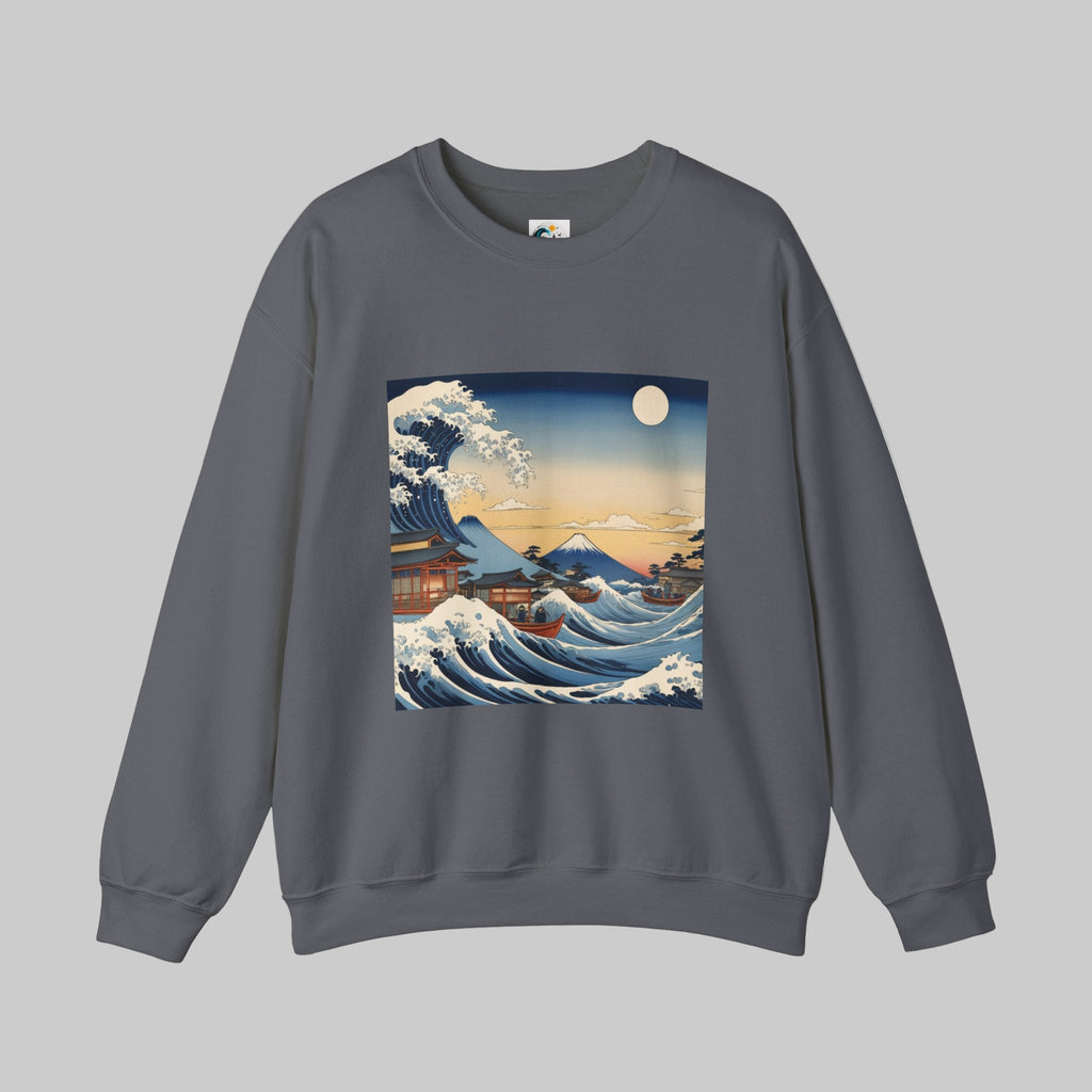 grey crewneck sweatshirt japanese great wave front design by AUNTI