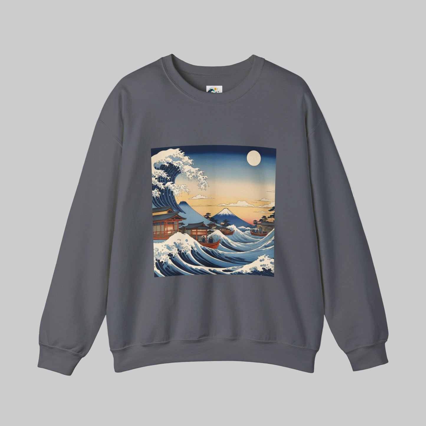 grey crewneck sweatshirt japanese great wave front design by AUNTI