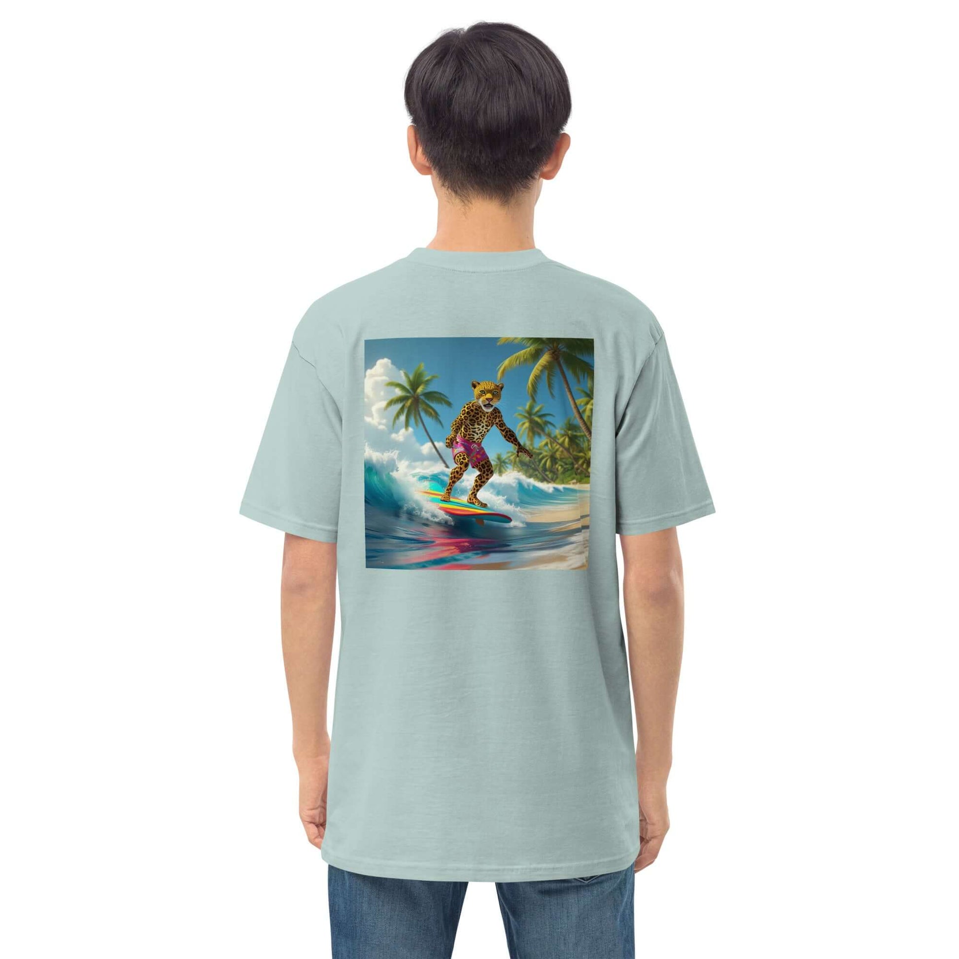 Back view of unisex hoodie featuring surfing tiger design