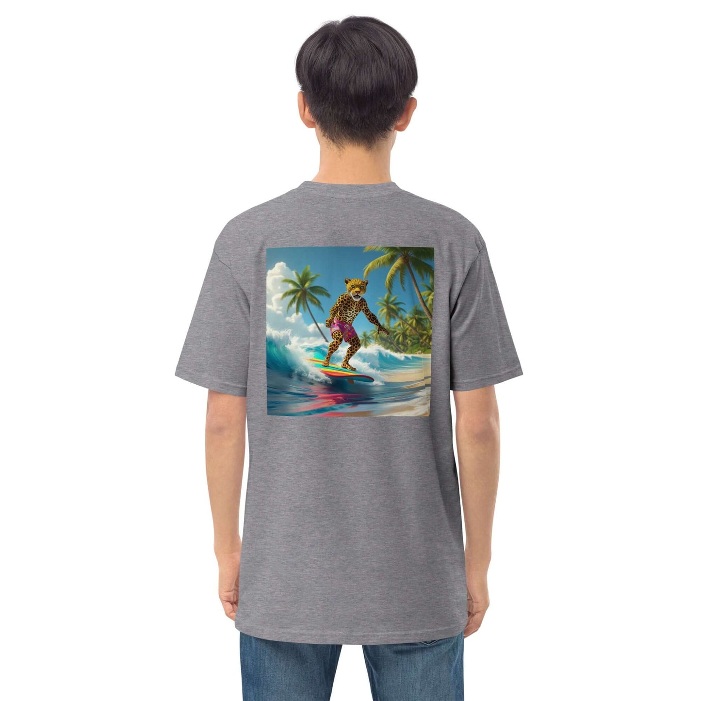 Back view of unisex hoodie featuring surfing tiger design