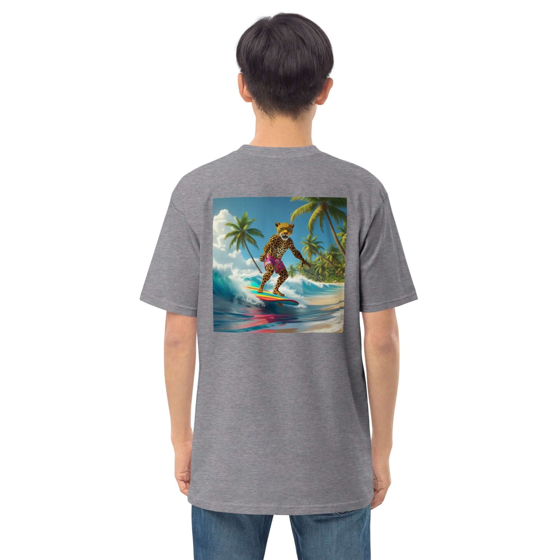 Back view of unisex hoodie featuring surfing tiger design