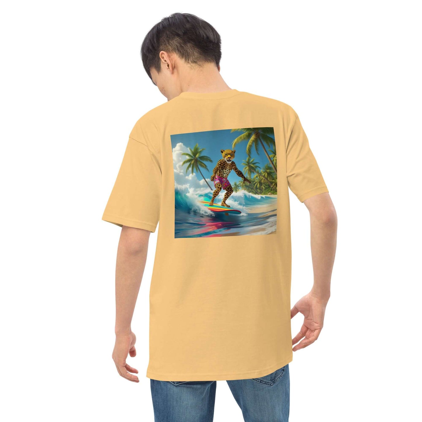 Back view of unisex hoodie featuring surfing tiger design