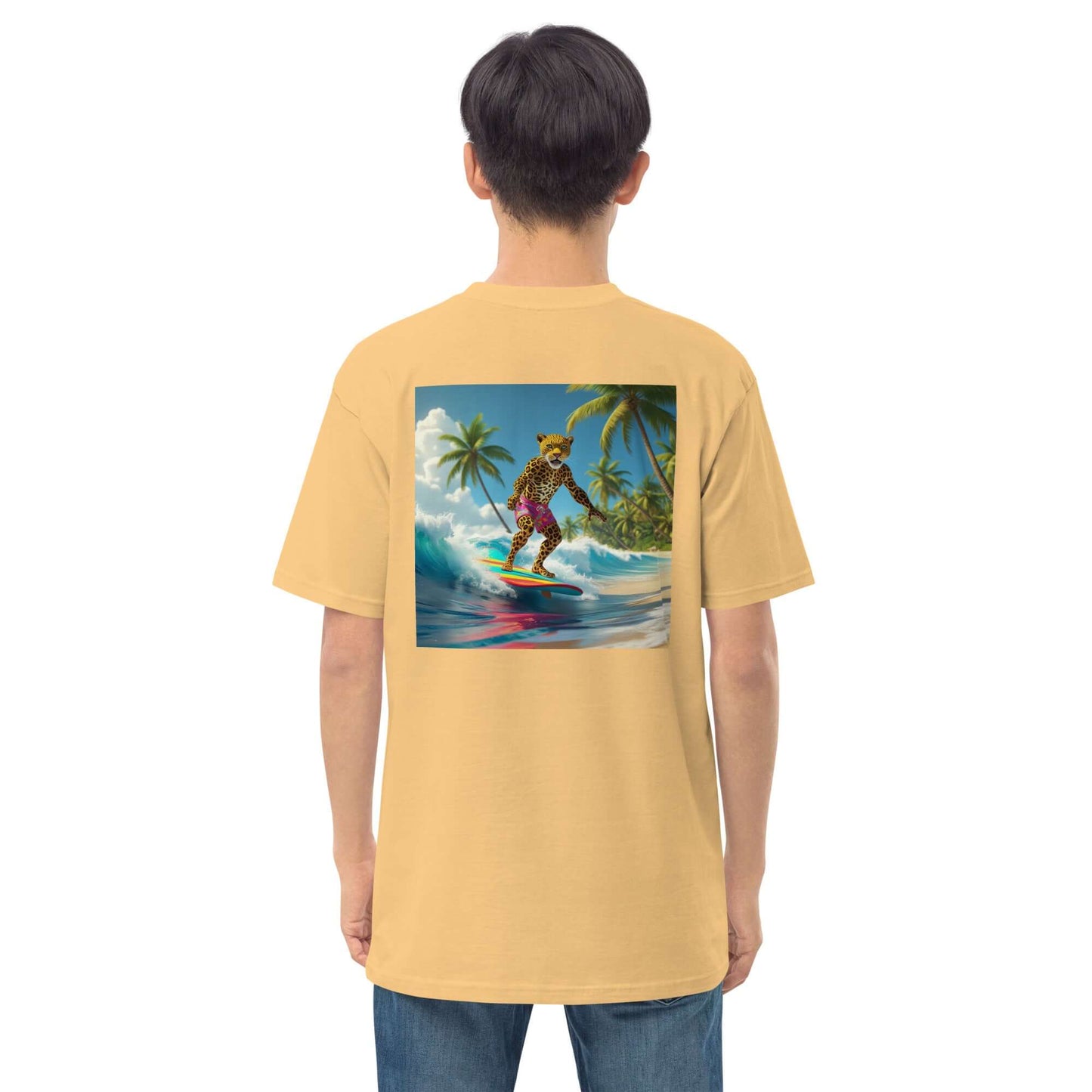 Back view of unisex hoodie featuring surfing tiger design