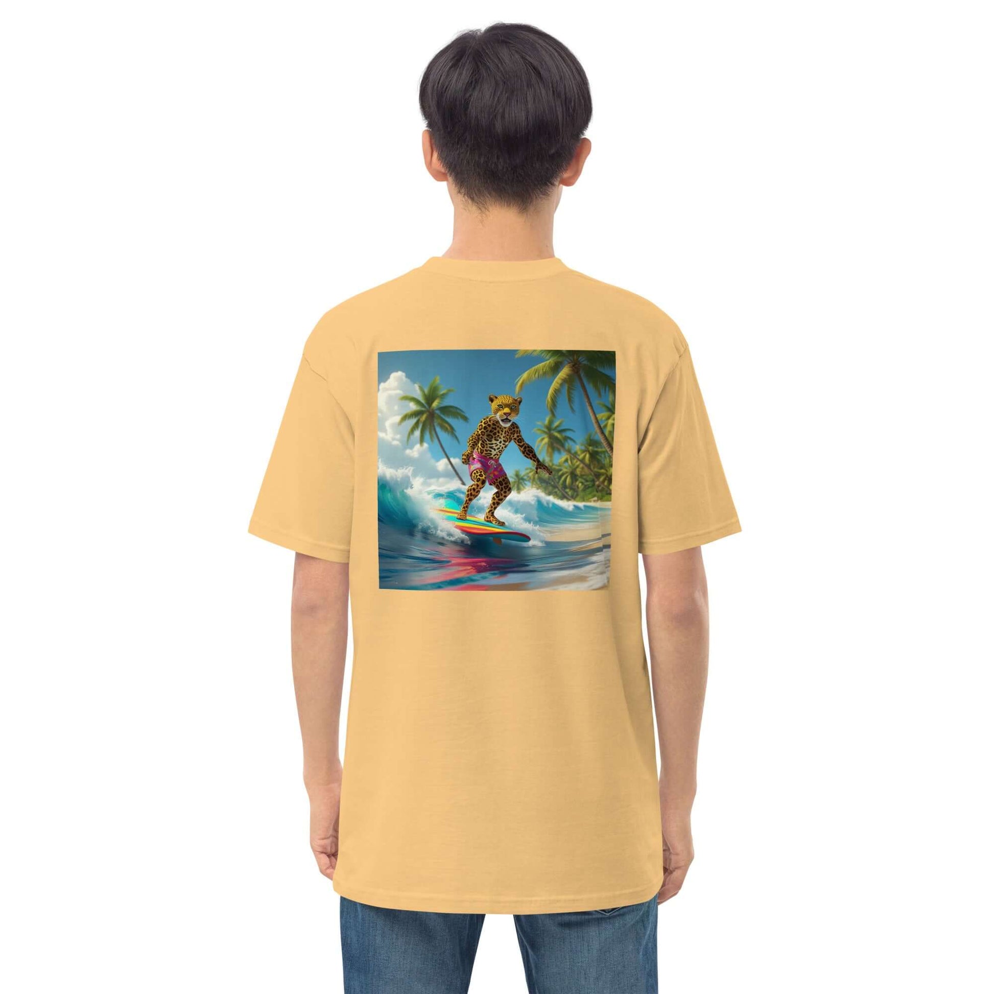 Back view of unisex hoodie featuring surfing tiger design