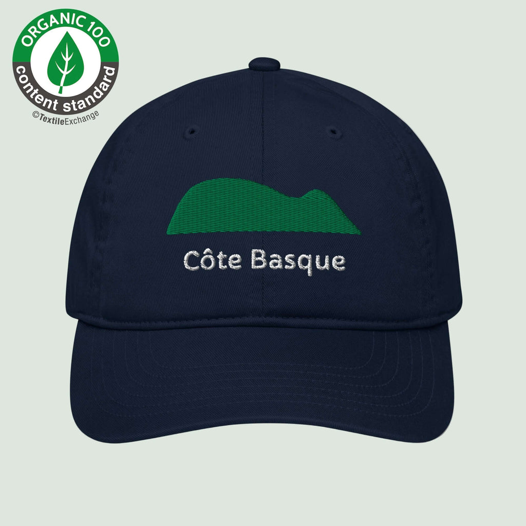 organic baseball cap in navy with Green Mouse of Getaria embroidered by Aunti