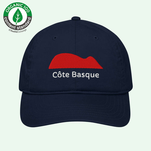 organic baseball cap in navy blue with getaria mouse embrodery front by Aunti