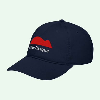 organic baseball cap in navy with Mouse of Getaria Red Embrodery by Aunti