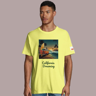man wearing an organic california dreaming front design tee in yellow