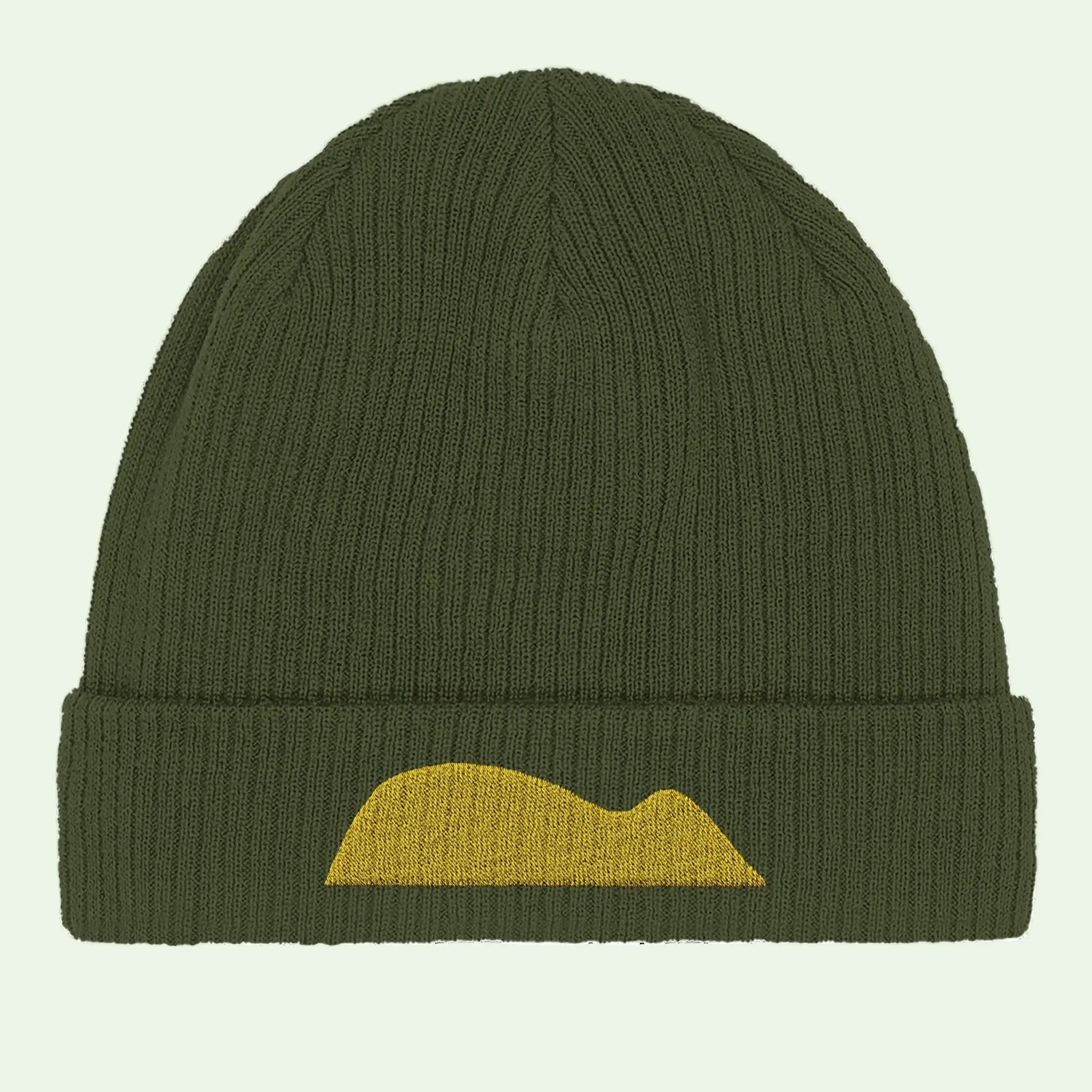 organic cotton beanie in olive green with raton of getaria embrodery detail in mustard by Aunti
