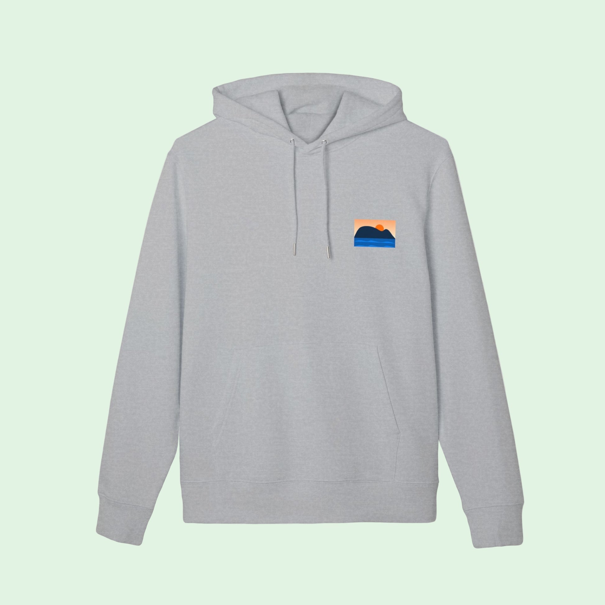 organic cotton gots certified hoodie in heather grey with small raton of getaria chest design by Aunti