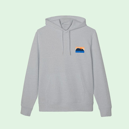 organic cotton gots certified hoodie in heather grey with small raton of getaria chest design by Aunti