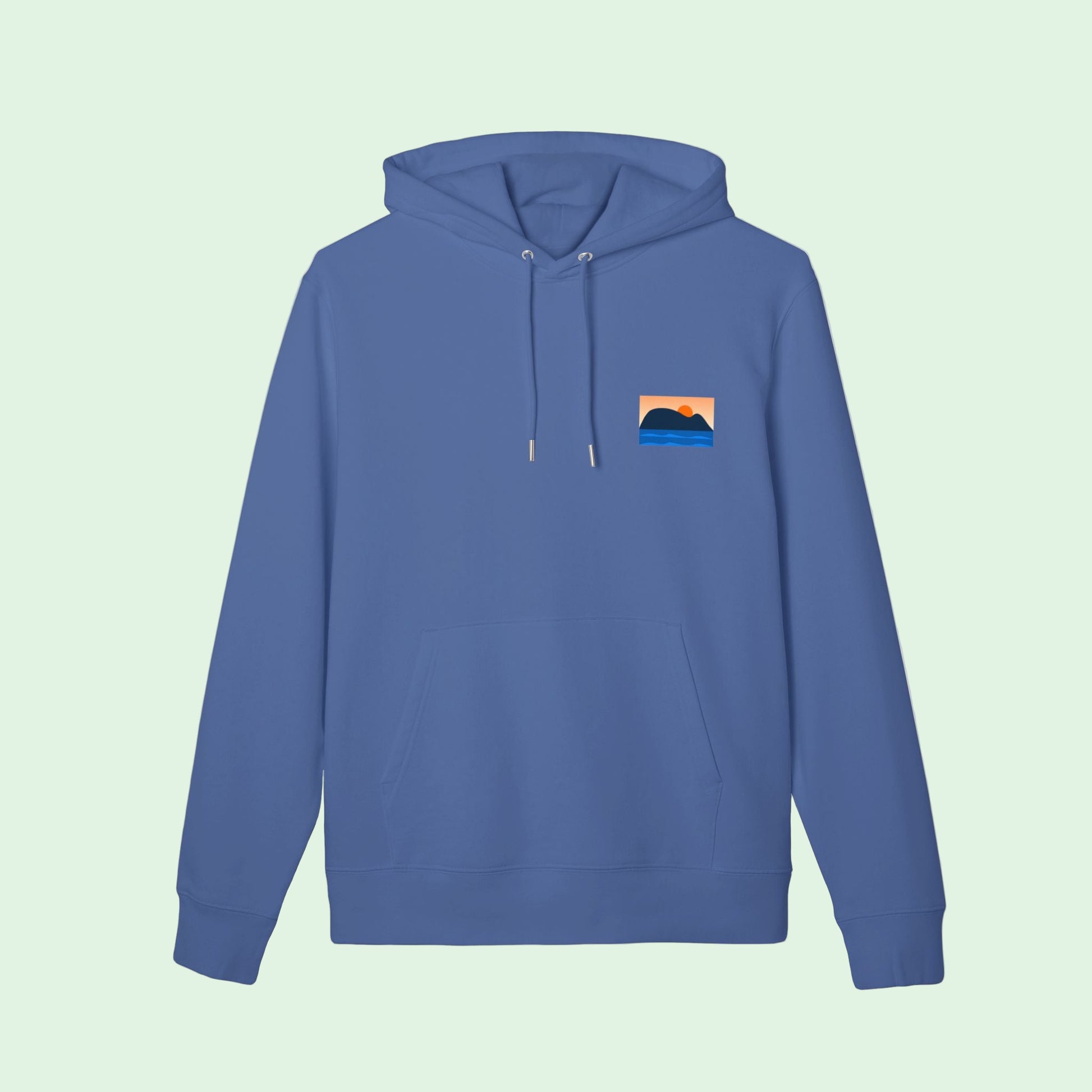 organic cotton hoodie gots certified in blue with small raton of getaria front design on left chest by Aunti