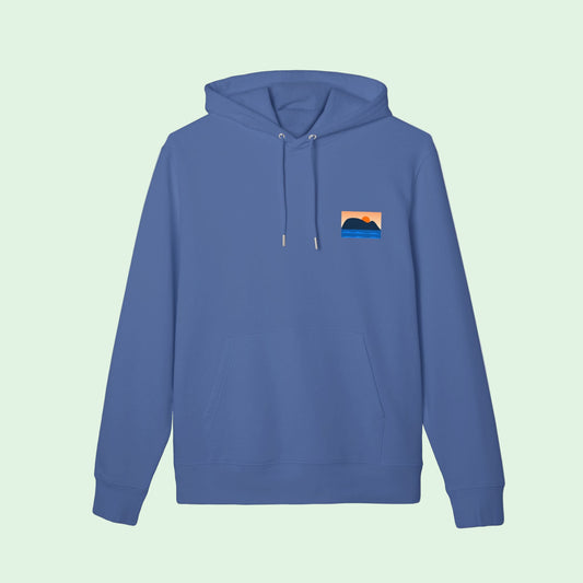 organic cotton hoodie gots certified in blue with small raton of getaria front design on left chest by Aunti