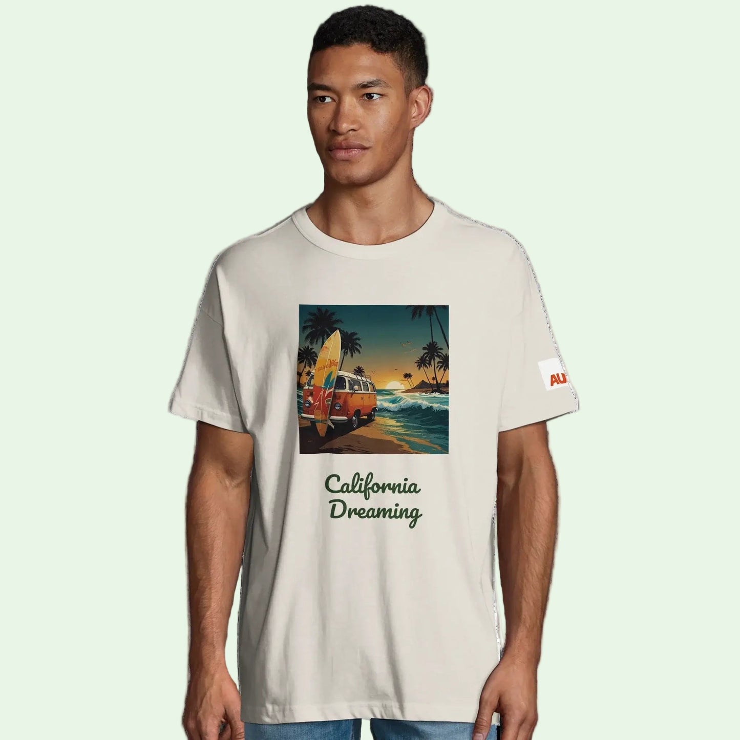 Surfer organic cotton in conversion off white tee with retro surf style design on the front by Aunti