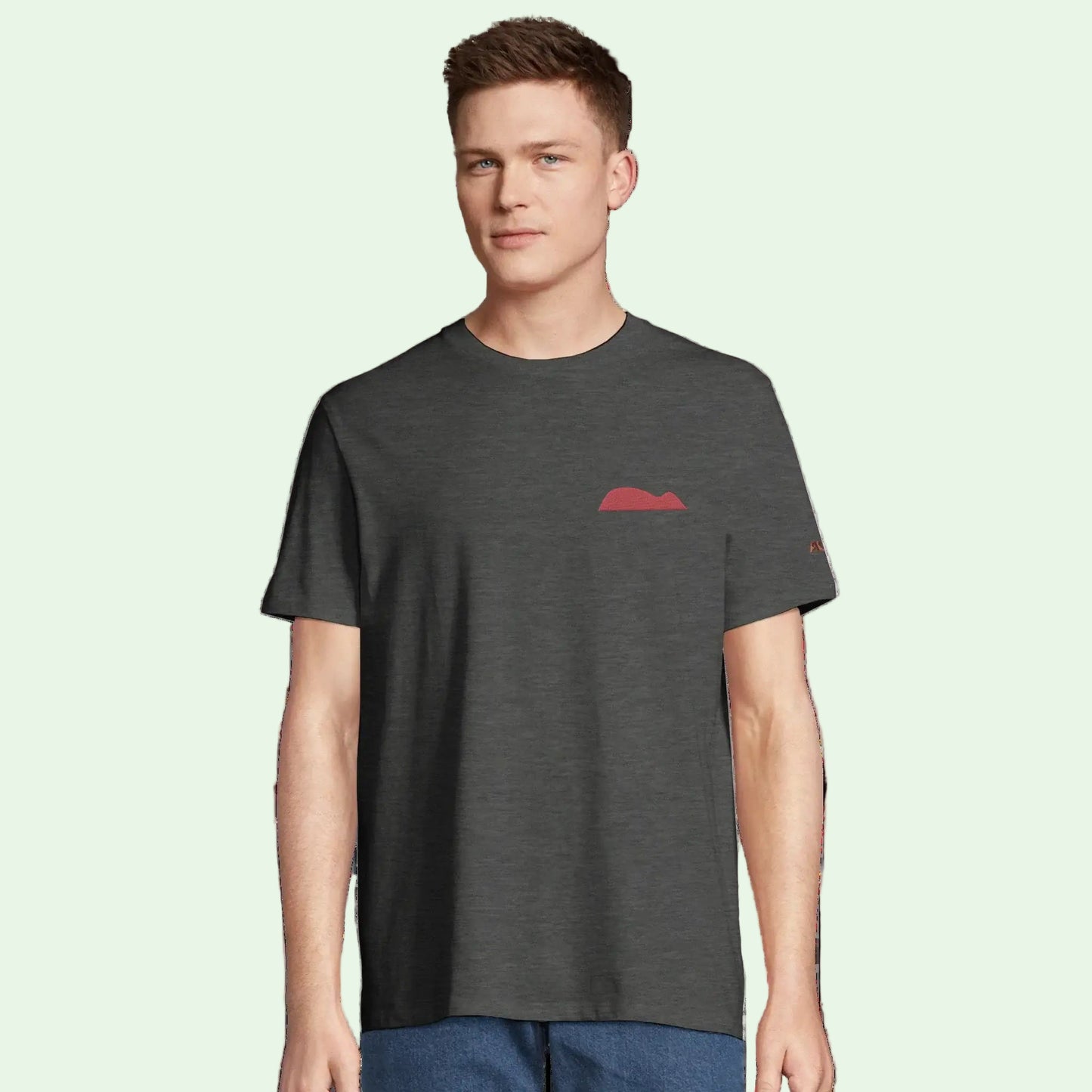 young man wearing an organic cotton in grey with raton of getaria embrodery on left chest