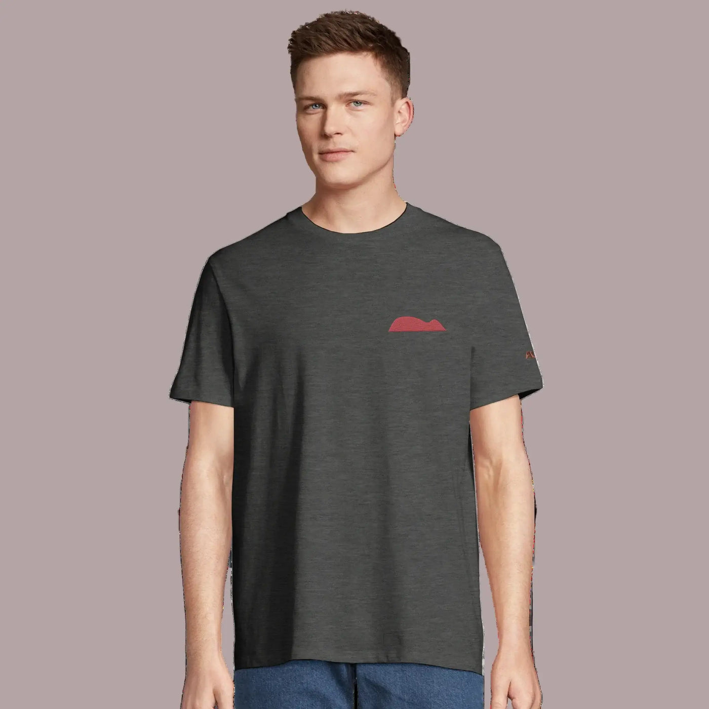 young man wearing an organic cotton in grey with raton of getaria embrodery on left chest