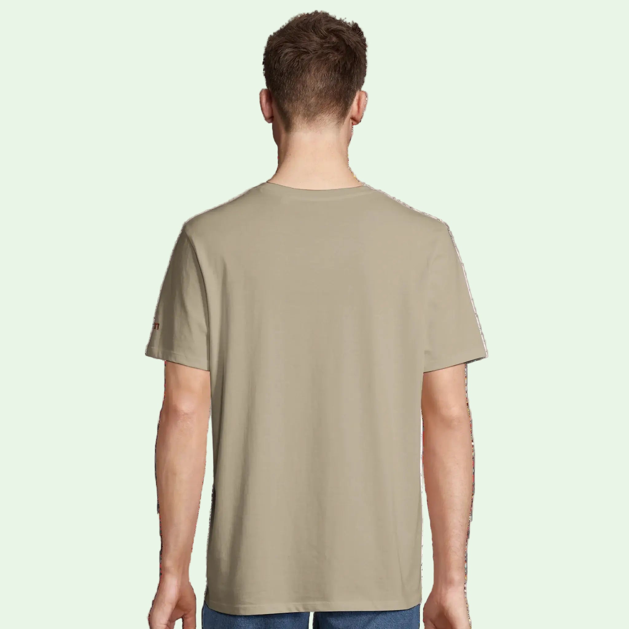 young man  wearing a khaki organic t-shirt from AUNTI, back view
