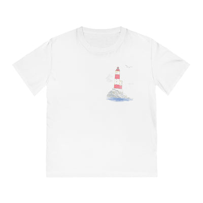 white tee with basque coast lighthouse design front