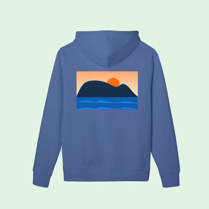 organic cotton hoodie gots certified in blue with mouse of getaria back design by Aunti