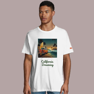 a man wearing an organic t-shirt from AUNTI with a retro surf design on the front