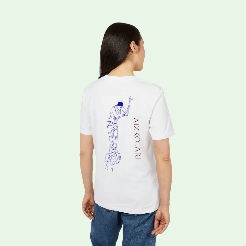 a girl wearing an organic tee with aizkolari back design by AUNTI