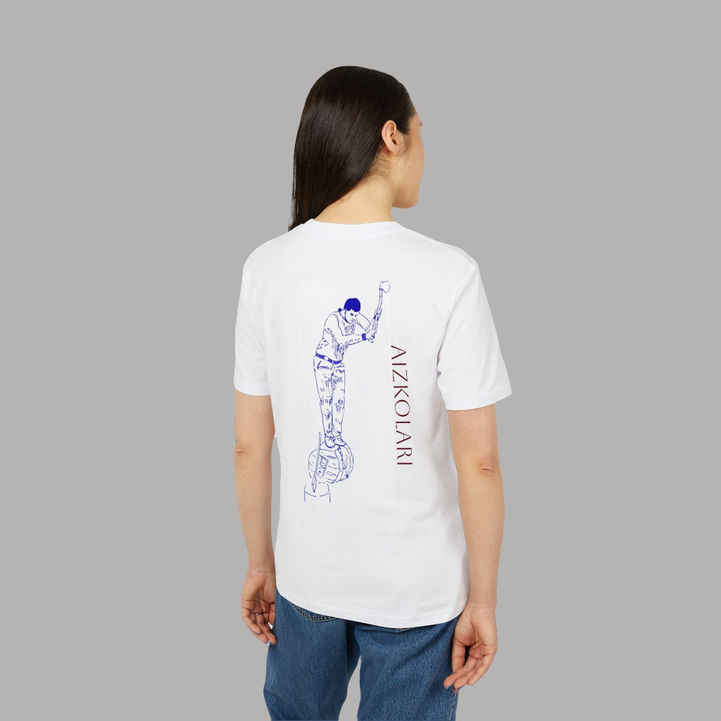 a girl wearing an organic tee with aizkolari back design by AUNTI