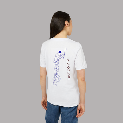 a girl wearing an organic tee with aizkolari back design by AUNTI