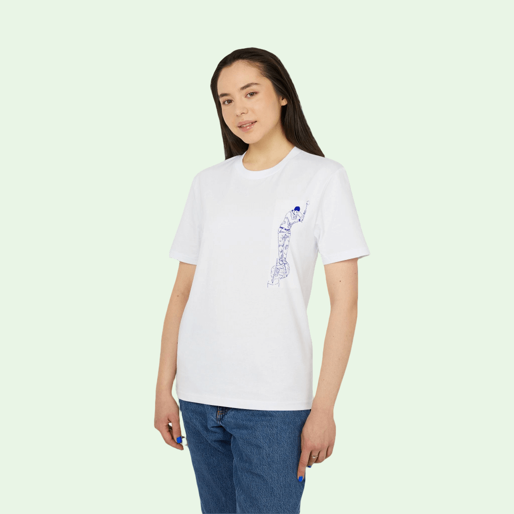 white organic tee with aizkolari front design by AUNTI